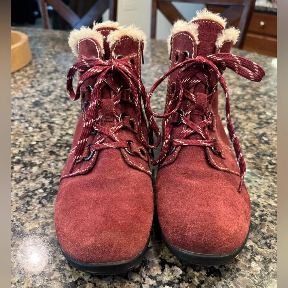 Earth Origins Leather Fur Ankle Boots Suede Burgundy 11 Comfort Walking Gorpcore - Picture 7 of 14